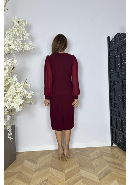 G1572 Yaka Detaylı Şifon Kol Abiye Elbise Bordo fiyatları