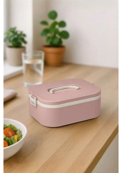 Paslanmaz Çelik Hazneli Lunch Box Tek Katlı Kendinden Çatal Kaşıklı Beslenme Kutusu Pembe