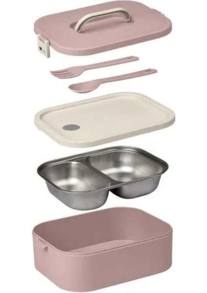 Paslanmaz Çelik Hazneli Lunch Box Tek Katlı Kendinden Çatal Kaşıklı Beslenme Kutusu Pembe fiyatları