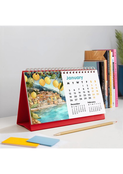 2026 Italya Masa Takvimi – Önceki ve Sonraki Ay Görünümlü Renkli Illüstrasyon Takvim | Amalfi, Toskana, Roma, Venedik Temalı