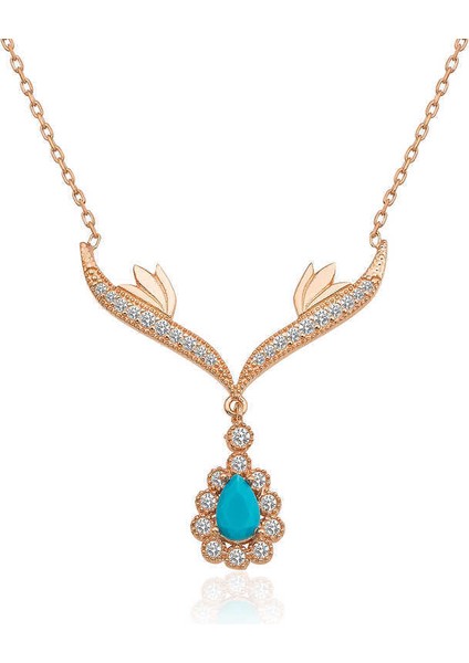 Gümüş Rose Turkuaz Taşlı Madalyon Bayan Kolye