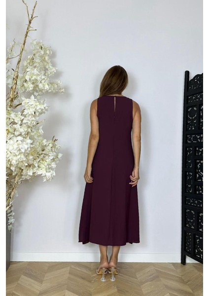 G1443 Broş Detaylı Kolsuz Tasarım Elbise Bordo fiyatları