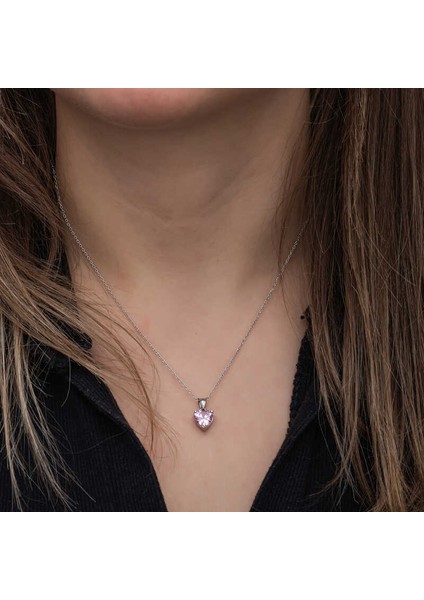Gümüş Pembe Taşlı Kalpli Kadın Kolye modelleri