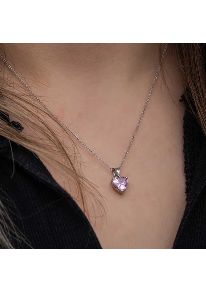 Gümüş Pembe Taşlı Kalpli Kadın Kolye fırsatları