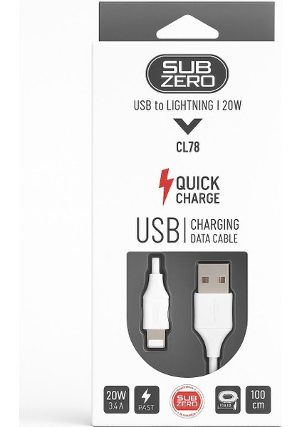 Subzero CL78 USB To Lightning Hızlı Şarj ve Data Kablosu (20W | 3.4A | 100 Cm)
