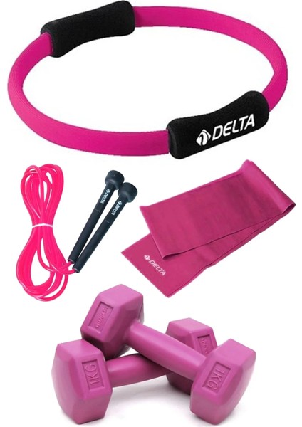 Pilates Egzersiz Çemberi, 120X15CM Pilates Lastiği Bandı, 1kg Dambıl, Atlama Ipi Seti