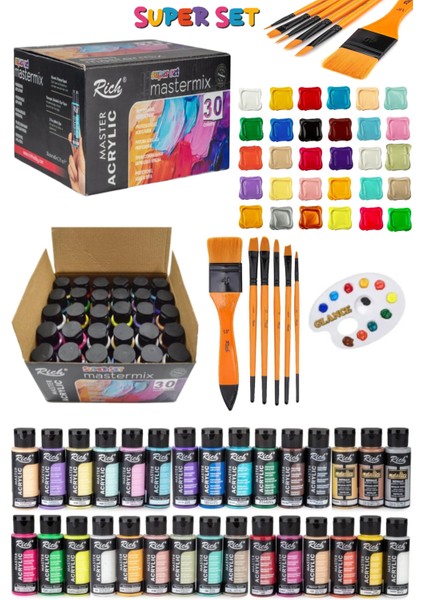 Rich Mastermix 30X60ML Supermix Akrilik Boya Seti Rich Karma Zemin Fırçalı Seti 6'lı Palet Set