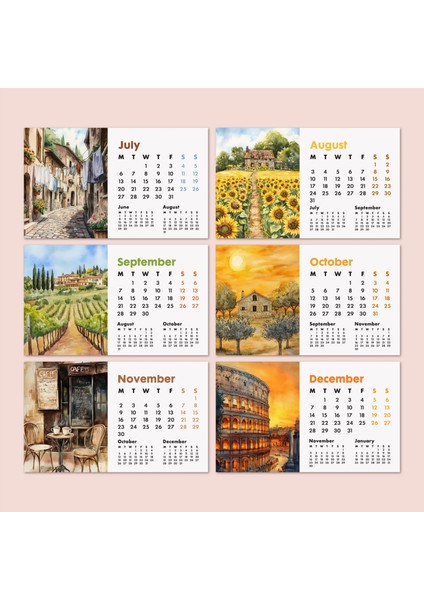 2026 Italya Masa Takvimi – Önceki ve Sonraki Ay Görünümlü Renkli Illüstrasyon Takvim | Amalfi, Toskana, Roma, Venedik Temalı fırsatları