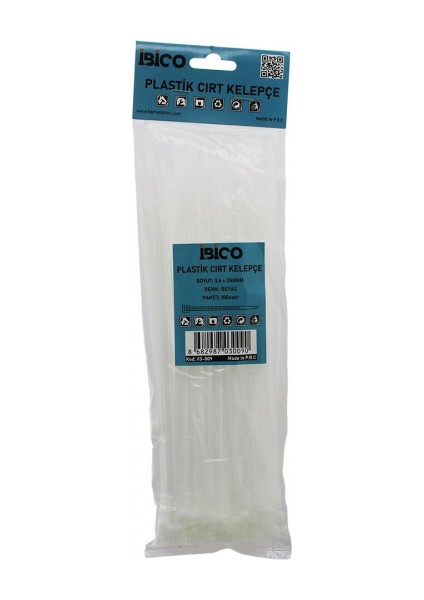 100PCS Beyaz 3.6X250MM Plastik Cırt Kelepçe (5324)