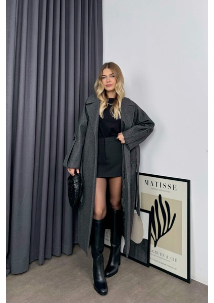 Füme Balıksırtı Model Kuşaklı Astarlı Oversize Kaban