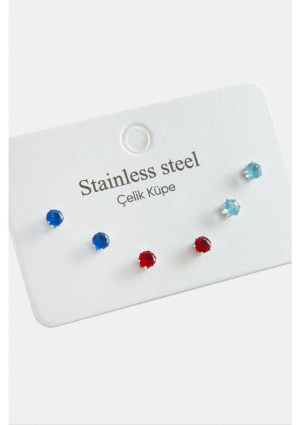 6 Adet Yuvarlak Zirkon Tek Taşlı Çelik Küpe