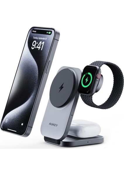 Aukey LC-MC312-GY Magfusıon Z Qı2 15W Katlanabilir 3 Ü 1 Arada Mıknatıslı Kablosuz Şarj Cihazı