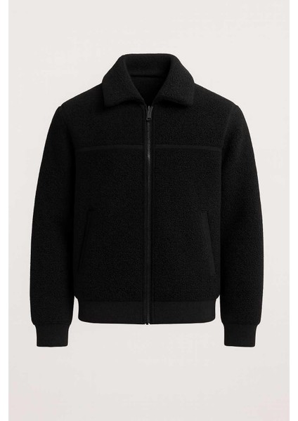 Içi Astarlı Şerit Detaylı Peluş Erkek Mont - Siyah