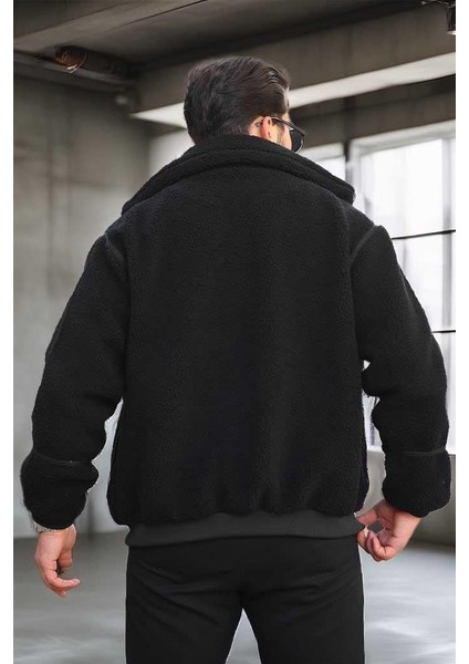 Içi Astarlı Şerit Detaylı Peluş Erkek Mont - Siyah indirimleri