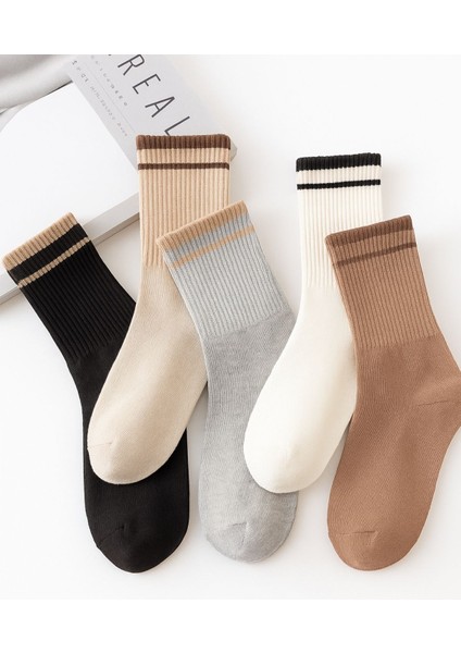 Kadın Çift Çizgili Soket Çorap 5’li Paket - Karışık Renkli