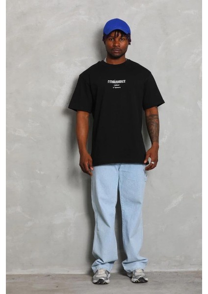 Unisex Oversize Baskılı Bisiklet Yaka T-Shirt - Siyah modelleri