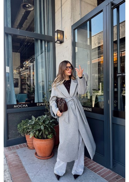 Gri Kuşaklı Astarlı Oversize Kol Detay Yün Kaban