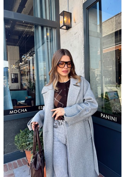 Gri Kuşaklı Astarlı Oversize Kol Detay Yün Kaban fırsatları