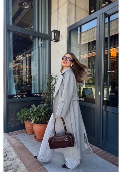 Gri Kuşaklı Astarlı Oversize Kol Detay Yün Kaban indirimleri