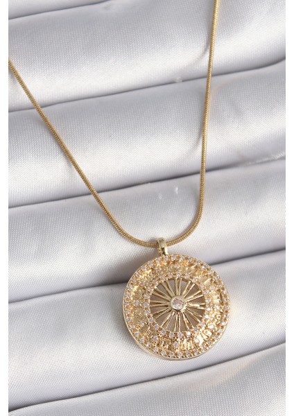316L Çelik Gold Renk Zirkon Taşlı 12 Burç Madalyon Model Kadın Kolye - TJ-BKO9542
