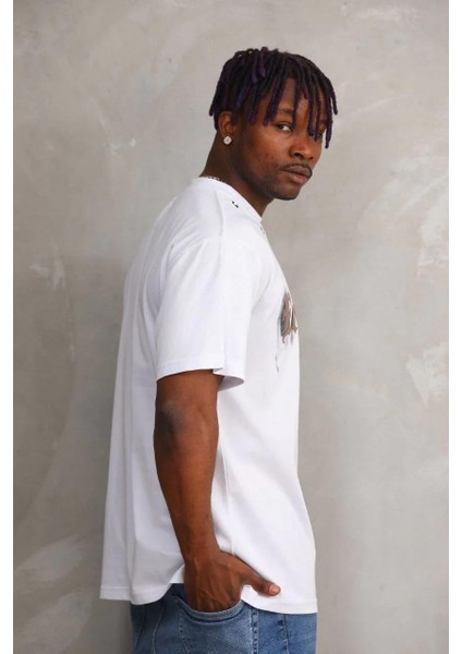 Unisex Kuşgözü Detaylı Baskılı Oversize T-Shirt - Beyaz fırsatları