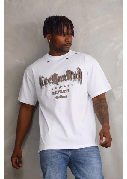Unisex Kuşgözü Detaylı Baskılı Oversize T-Shirt - Beyaz