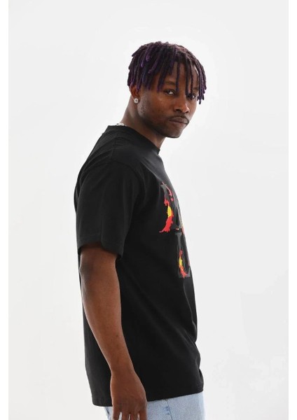 Unisex Baskılı Oversize T-Shirt - Siyah