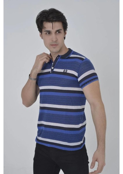Erkek Yakalı Slim Fit Dokuma Çizgili T-Shirt - Mavi fiyatları