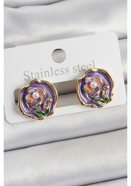 Pirinç Mor Mineli Çiçek Figürlü Sanatsal Portre Model Gold Renk Kadın Küpe - TJ-BKP10678