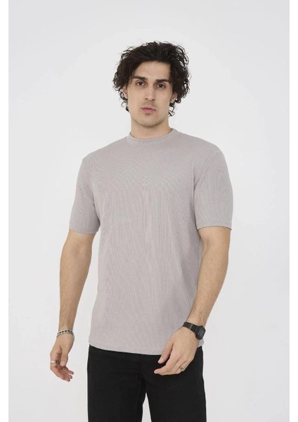 Unisex Bisiklet Yaka Slim Fit T-Shirt- Taş