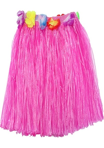 Yetişkin ve Çocuk Uyumlu Pembe Renk Püsküllü Hawaii Luau Hula Etek 40 cm