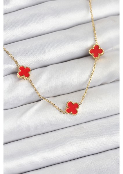 316L Çelik Zincir Gold Renk Kırmızı Baby Boy Yonca Kadın Kolye - TJ-BKO10580