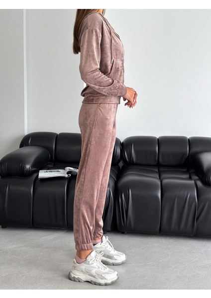 Kadife Kumaş Kapüşonlu Eşofman Takımı – Rahat Fit Günlük Şık Takım | Velvet Zip Hoodie Tracksuit Set fiyatları