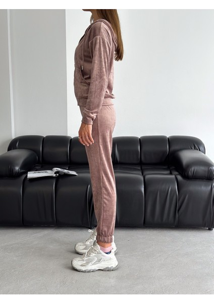 Kadife Kumaş Kapüşonlu Eşofman Takımı – Rahat Fit Günlük Şık Takım | Velvet Zip Hoodie Tracksuit Set modelleri
