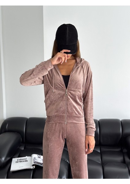 Kadife Kumaş Kapüşonlu Eşofman Takımı – Rahat Fit Günlük Şık Takım | Velvet Zip Hoodie Tracksuit Set fırsatları