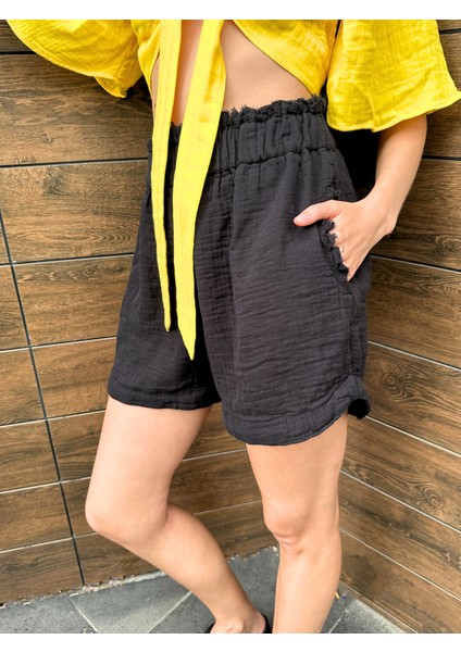 %100 Pamuk 4 Katlı Cepli Siyah Müslin Şort | Hafif & Rahat Tasarım modelleri