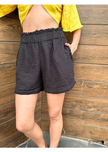 %100 Pamuk 4 Katlı Cepli Siyah Müslin Şort | Hafif & Rahat Tasarım indirimleri