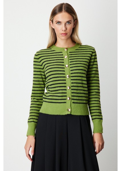 Kadın Sıfır Yaka Çizgili Hırka 63901 Yeşil