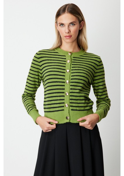 Kadın Sıfır Yaka Çizgili Hırka 63901 Yeşil fiyatları
