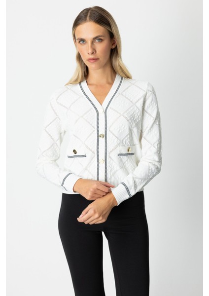 Kadın V Yaka Kabartmalı Hırka 60950 Ekru