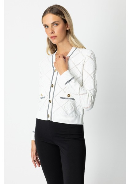 Kadın V Yaka Kabartmalı Hırka 60950 Ekru fiyatları