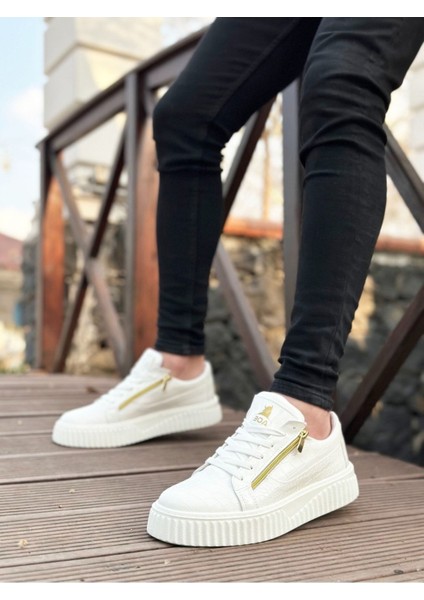 Kalın Yüksek Tabanlı Çift Fermuarlı Beyaz Günlük Sneaker Spor Ayakkabı