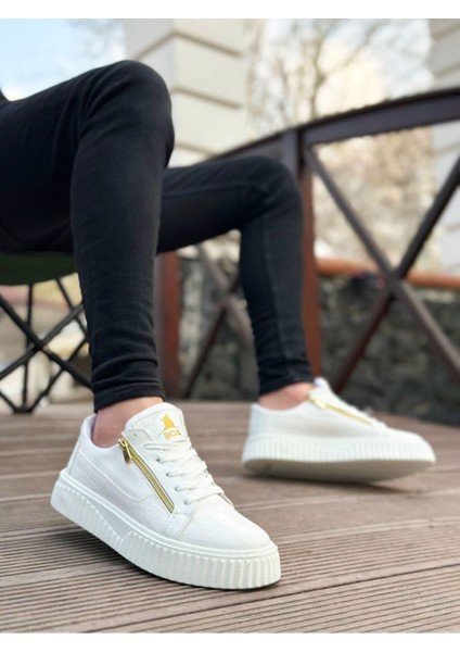Kalın Yüksek Tabanlı Çift Fermuarlı Beyaz Günlük Sneaker Spor Ayakkabı fiyatları
