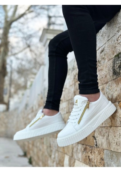 Kalın Yüksek Tabanlı Çift Fermuarlı Beyaz Günlük Sneaker Spor Ayakkabı fırsatları