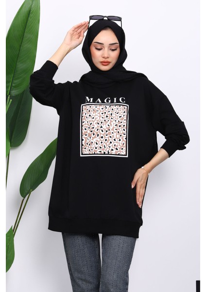 Siyah Bisiklet Yaka Baskılı Sweat