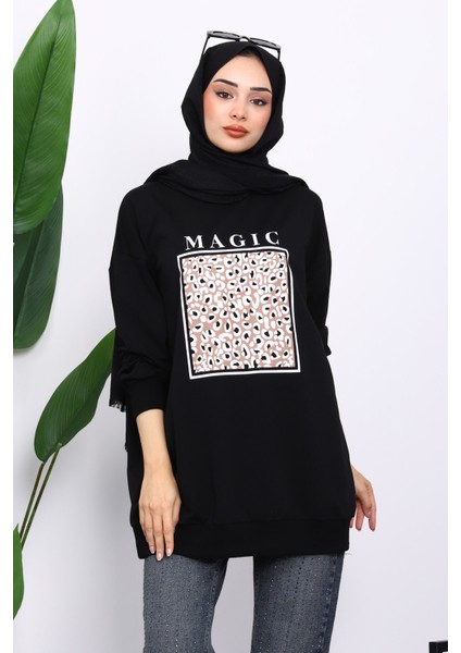 Siyah Bisiklet Yaka Baskılı Sweat modelleri