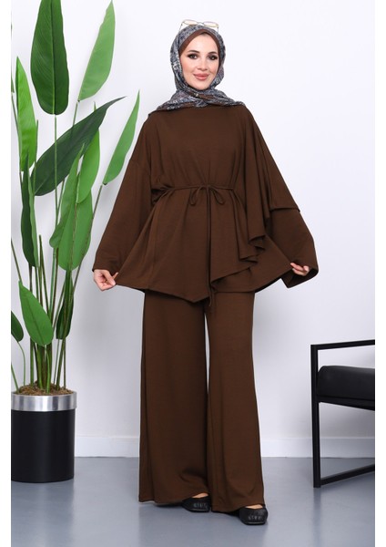 Kahverengi Pelerin Detaylı Tunik Pantolonlu Takım