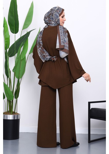 Kahverengi Pelerin Detaylı Tunik Pantolonlu Takım fırsatları