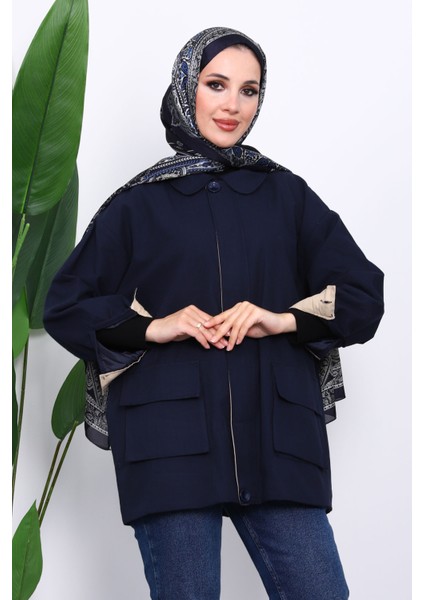 Lacivert Cep Detaylı Fermuarlı Gabardin Ceket