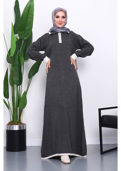 Füme Gömlek Yaka Fermuarlı Triko Elbise